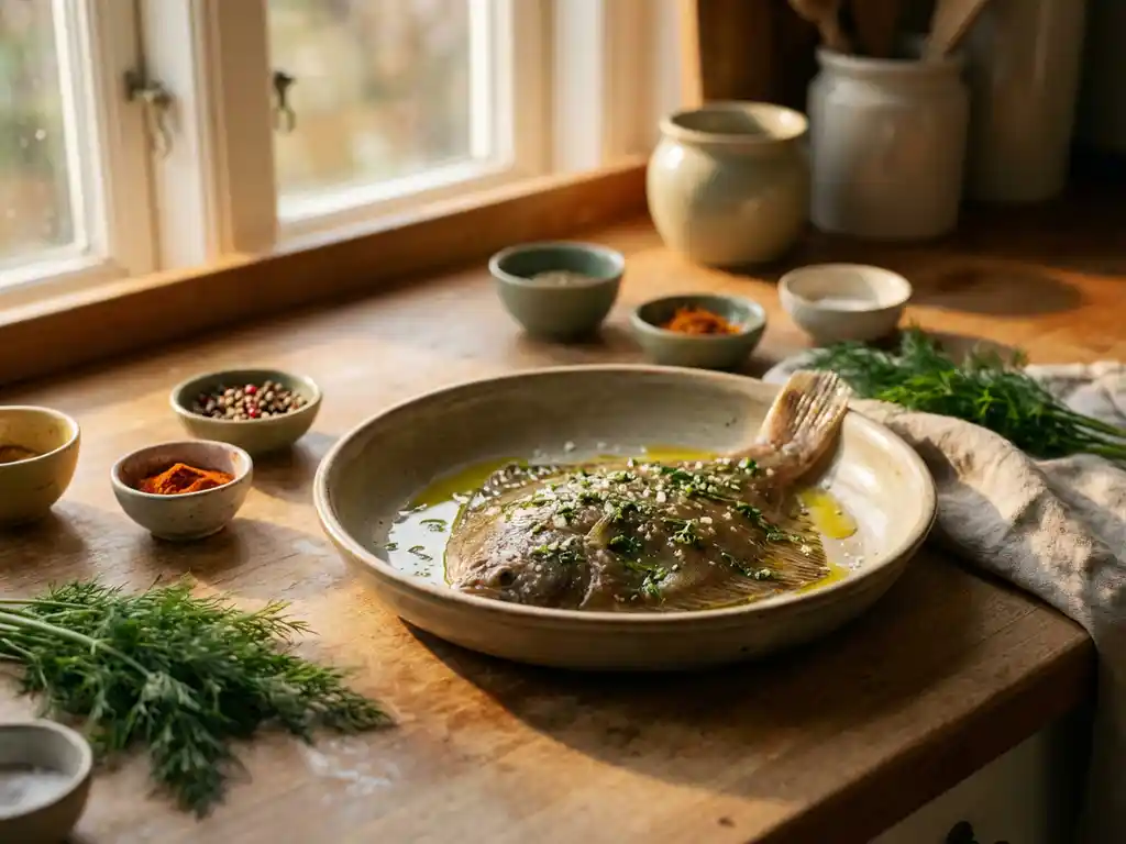 Verse plaice filet met olijfolie en kruiden in keramische schaal, omringd door kleurrijke specerijen en dille