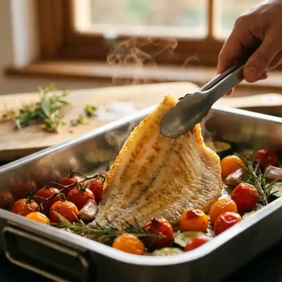 Verse plaice filet wordt voorzichtig in roestvrijstalen ovenschaal geplaatst, omringd door kerstomaatjes en kruiden