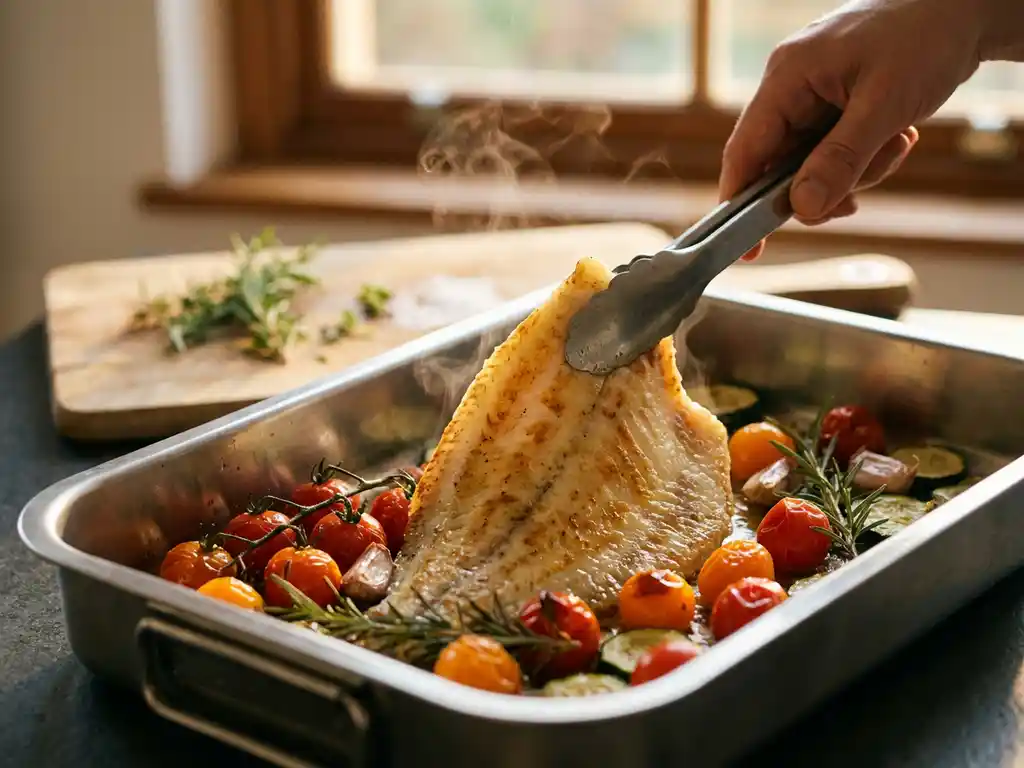 Verse plaice filet wordt voorzichtig in roestvrijstalen ovenschaal geplaatst, omringd door kerstomaatjes en kruiden