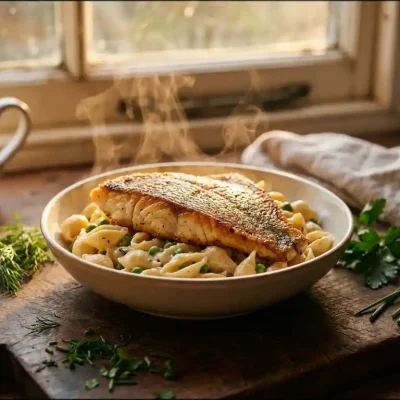Goudbruin gebakken plaice filet op cremige pastaschelpen met verse kruiden op houten plank, warme keukenverlichting