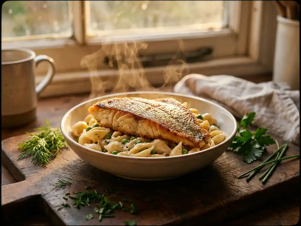 Goudbruin gebakken plaice filet op cremige pastaschelpen met verse kruiden op houten plank, warme keukenverlichting