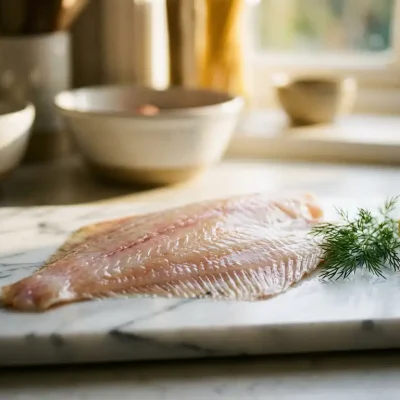 Verse plaice filet op witte marmeren snijplank met dille takje en citroenpartje, natuurlijke keukenverlichting