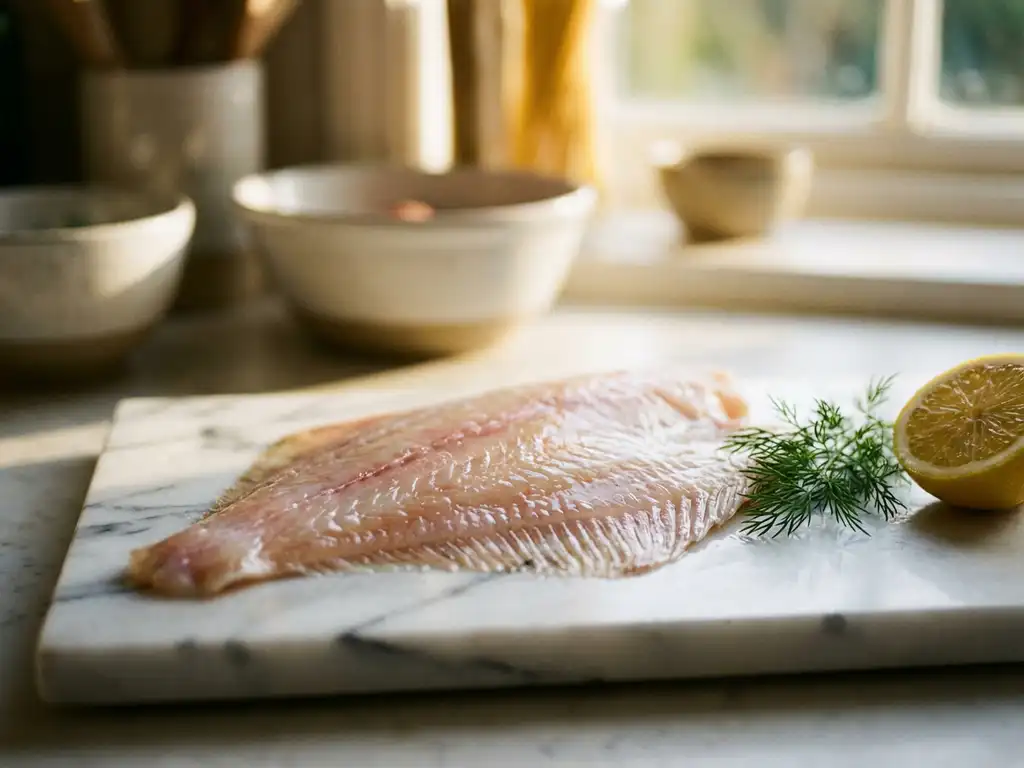 Verse plaice filet op witte marmeren snijplank met dille takje en citroenpartje, natuurlijke keukenverlichting