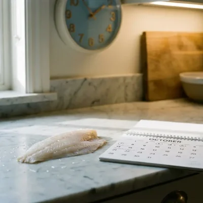 Verse plaicefilet op marmeren aanrecht naast kalender, met vochtdruppels op doorschijnend wit vlees