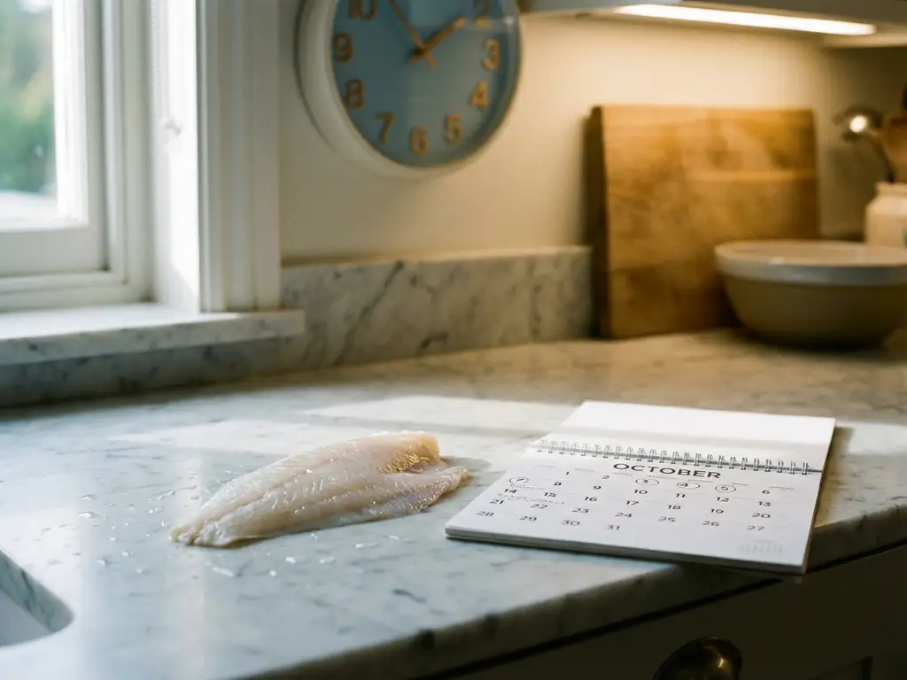Verse plaicefilet op marmeren aanrecht naast kalender, met vochtdruppels op doorschijnend wit vlees