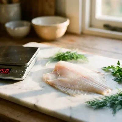 Verse plaice filet op marmeren snijplank met digitale keukenweegschaal, kruiden en citroen in gouden licht