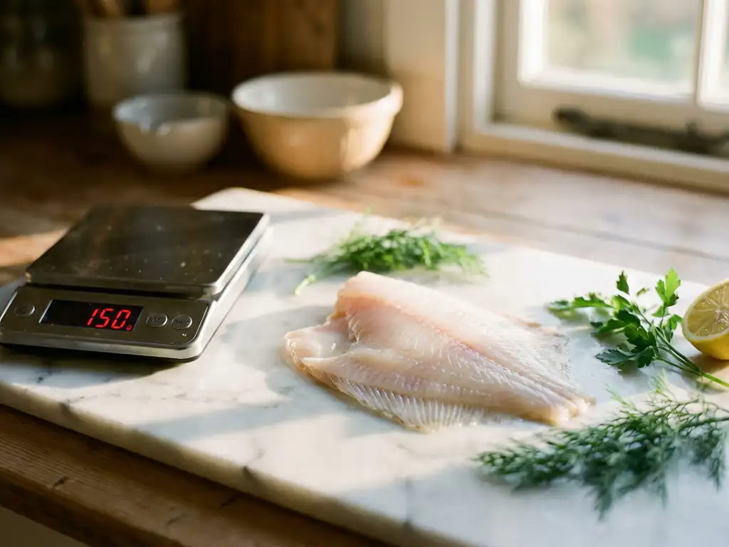 Verse plaice filet op marmeren snijplank met digitale keukenweegschaal, kruiden en citroen in gouden licht