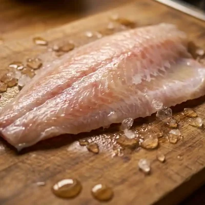 Verse plaice filet op houten snijplank met ijskristallen en zeewater druppels in warme keukenverlichting