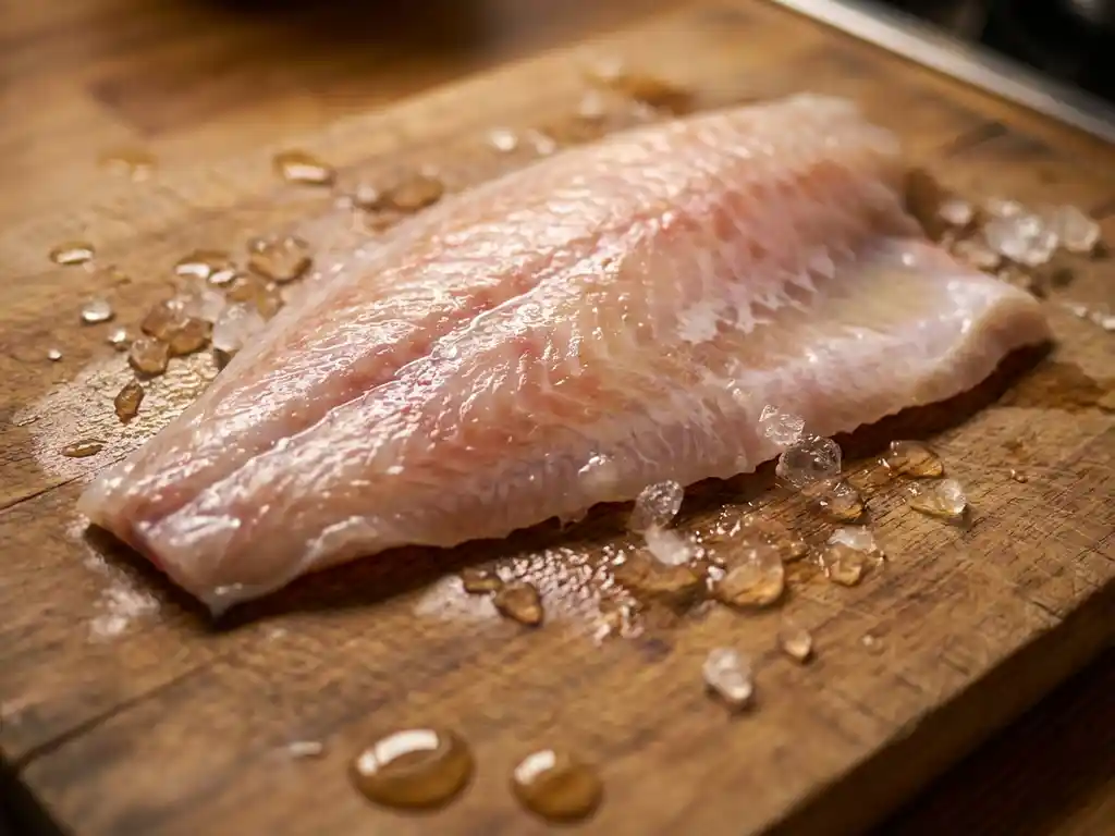 Verse plaice filet op houten snijplank met ijskristallen en zeewater druppels in warme keukenverlichting