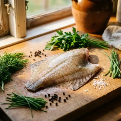 Verse plaicefilet op houten snijplank met dille, peterselie, bieslook, pepperbollen en zeezout in natuurlijk zonlicht