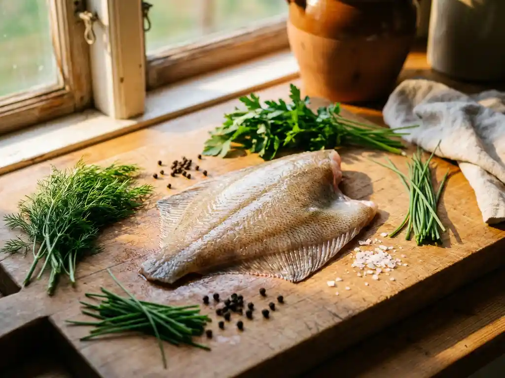 Verse plaicefilet op houten snijplank met dille, peterselie, bieslook, pepperbollen en zeezout in natuurlijk zonlicht