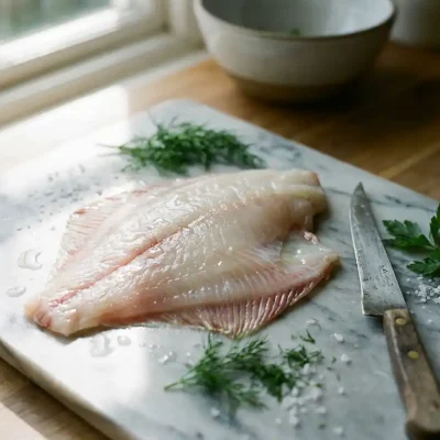Verse plaice filet op marmeren snijplank met fileermes, kruiden en zeezout in natuurlijk keukenlicht