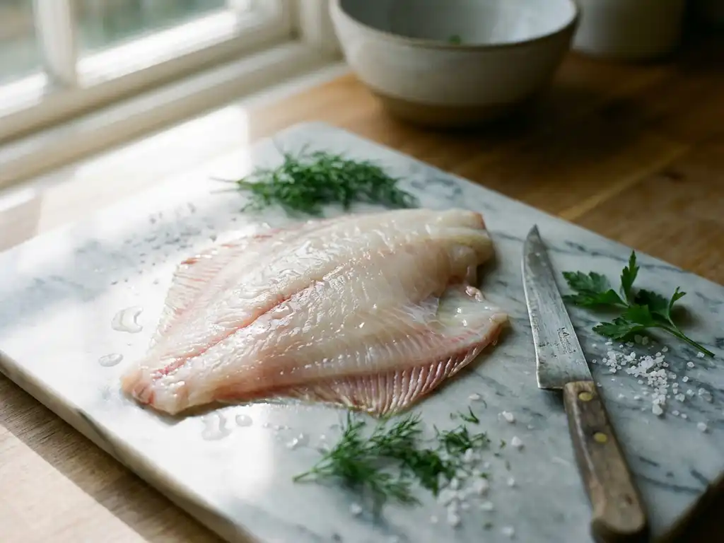 Verse plaice filet op marmeren snijplank met fileermes, kruiden en zeezout in natuurlijk keukenlicht
