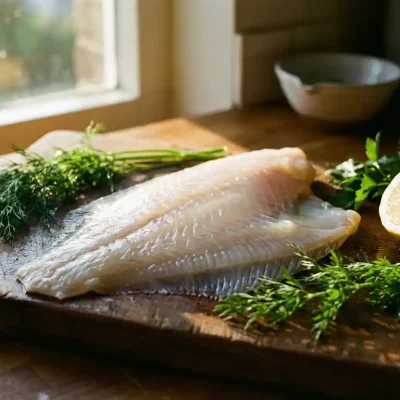 Verse plaice filet op houten snijplank met kruiden en citroen in natuurlijk zonlicht