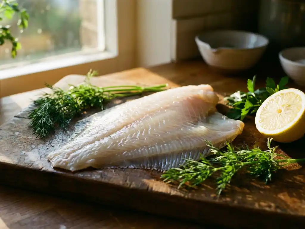 Verse plaice filet op houten snijplank met kruiden en citroen in natuurlijk zonlicht