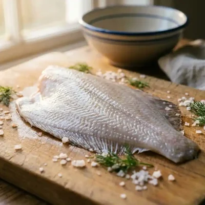 Verse plaice filet op rustieke houten snijplank met zeezout kristallen en dille takjes in warm ochtendlicht