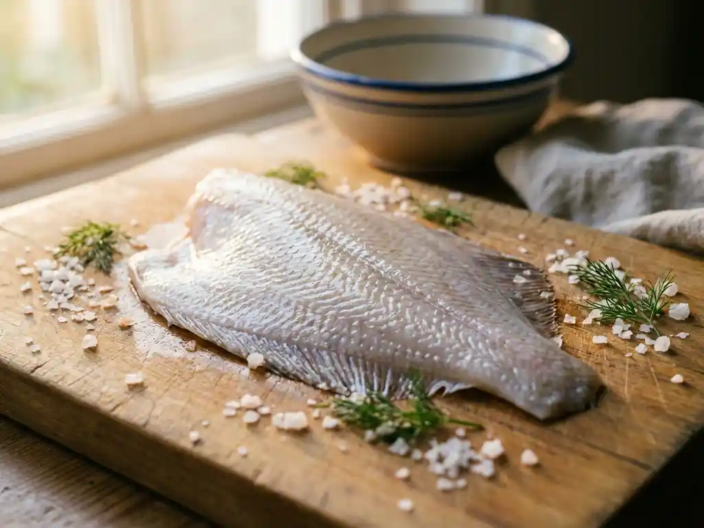 Verse plaice filet op rustieke houten snijplank met zeezout kristallen en dille takjes in warm ochtendlicht