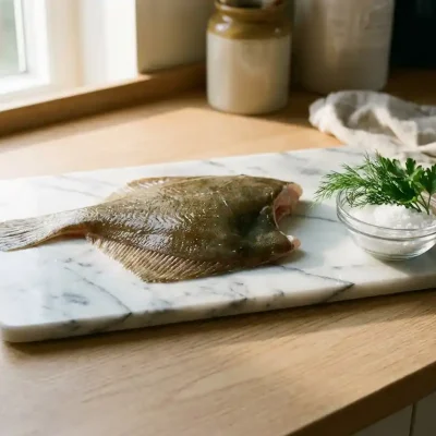 Verse plaice filet op witte marmeren snijplank met zeezout en kruiden in moderne keuken