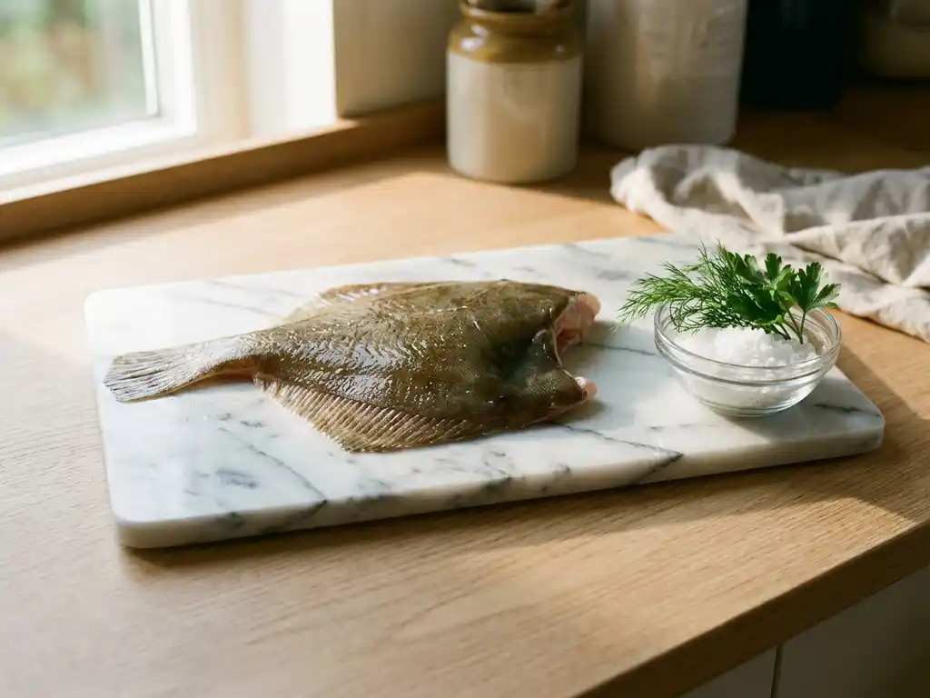 Verse plaice filet op witte marmeren snijplank met zeezout en kruiden in moderne keuken