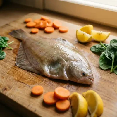 Verse plaice filet op houten snijplank met wortels, spinazie en citroen in natuurlijk keukenlicht