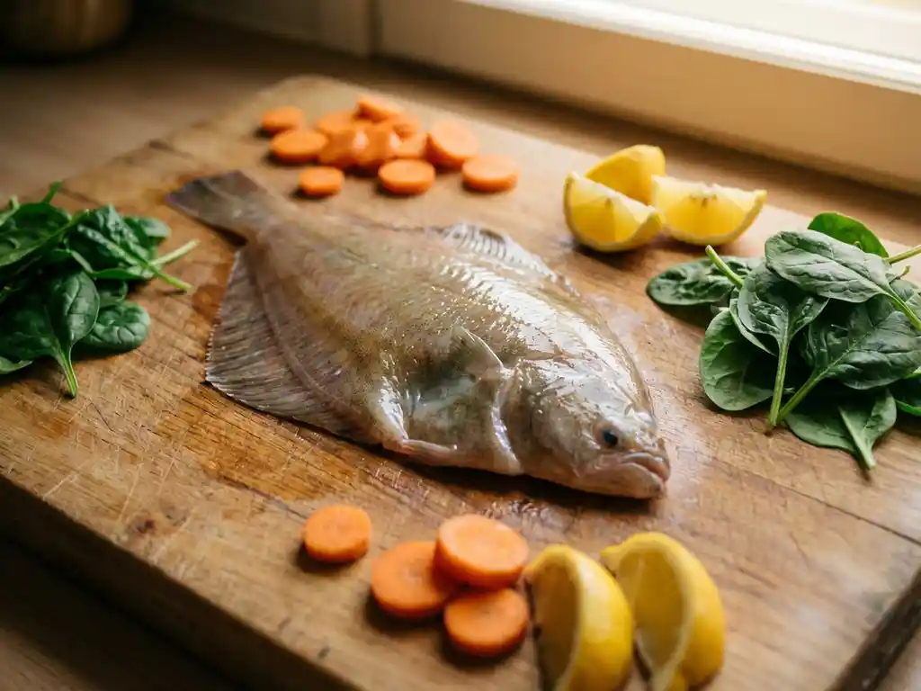 Verse plaice filet op houten snijplank met wortels, spinazie en citroen in natuurlijk keukenlicht