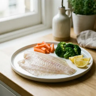 Verse plaice filet op witte keramische bord met wortels, broccoli en citroen op houten keukenblad