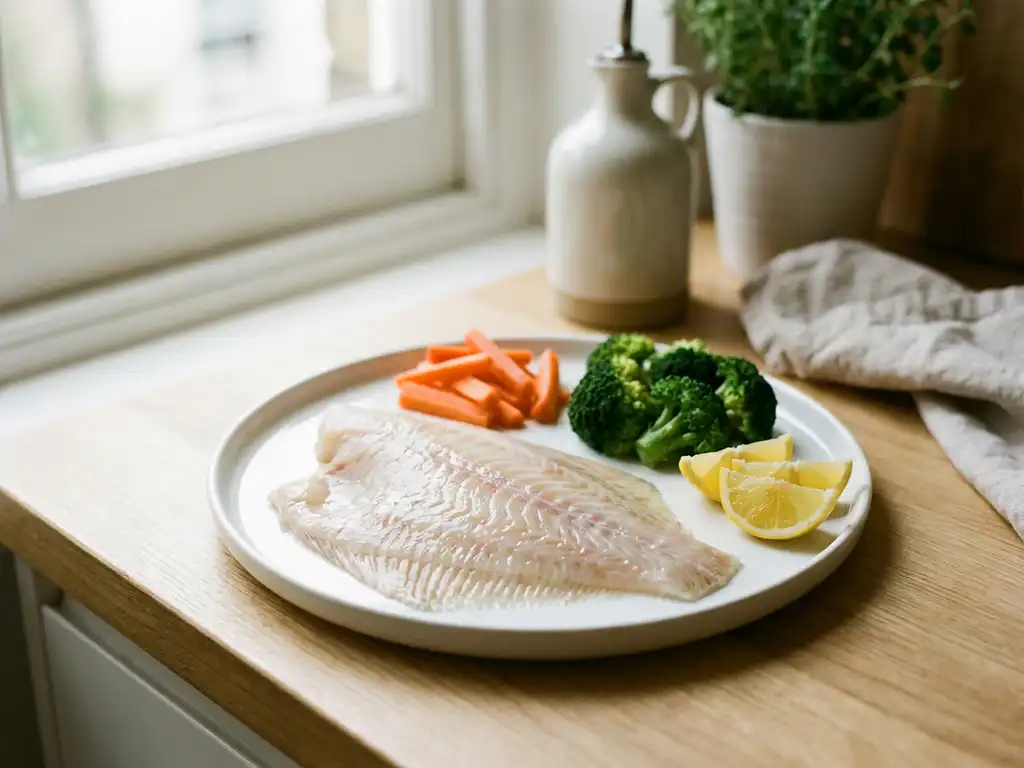 Verse plaice filet op witte keramische bord met wortels, broccoli en citroen op houten keukenblad