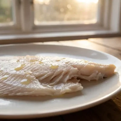 Verse plaice filet met vlokkerige witte textuur op witte keramische bord, geglazuurd met citroendruppels in warm natuurlijk licht