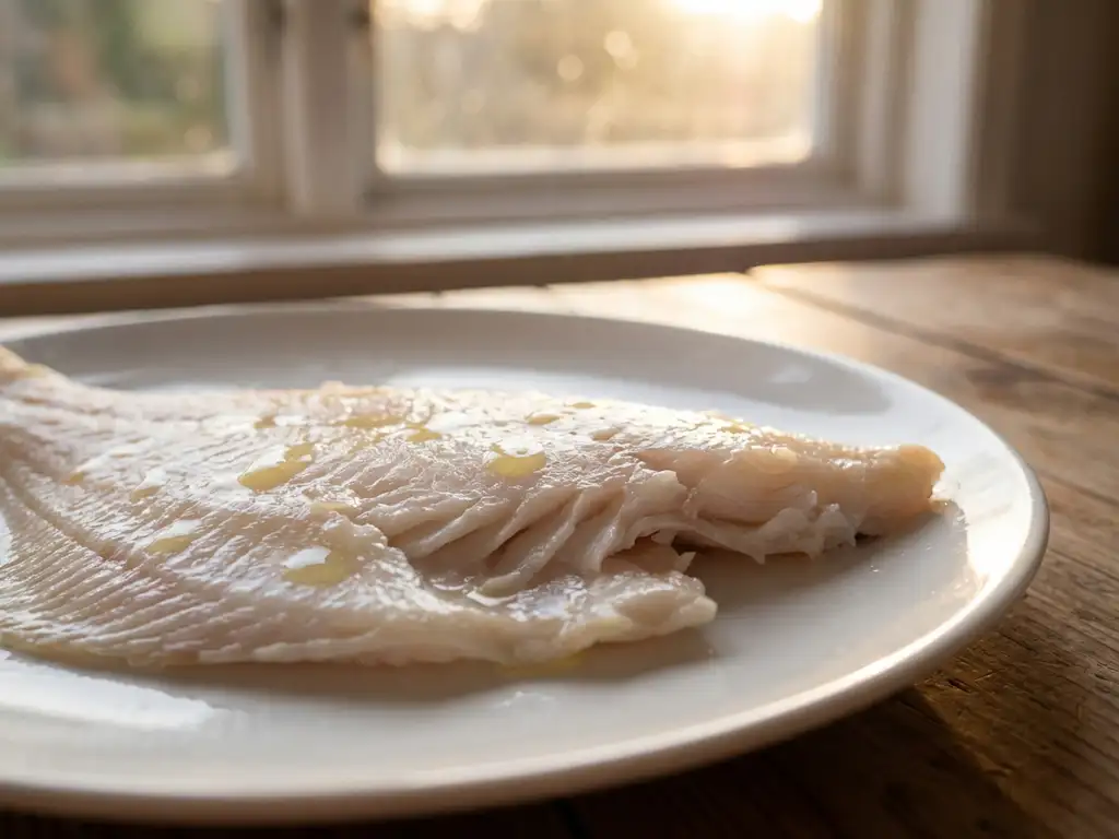 Verse plaice filet met vlokkerige witte textuur op witte keramische bord, geglazuurd met citroendruppels in warm natuurlijk licht