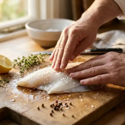 Chef masseert verse plaicefilet met grof zeezout op houten snijplank, citroendruppels glinsterend op wit visvlees