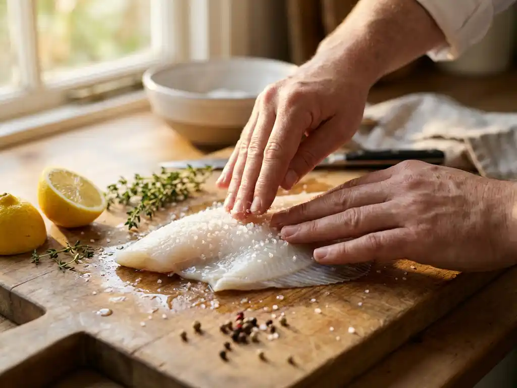 Chef masseert verse plaicefilet met grof zeezout op houten snijplank, citroendruppels glinsterend op wit visvlees