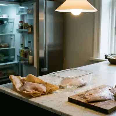 Verse plaice filets op marmeren aanrecht naast koelkast, verpakt in perkamentpapier en glazen container met ijs