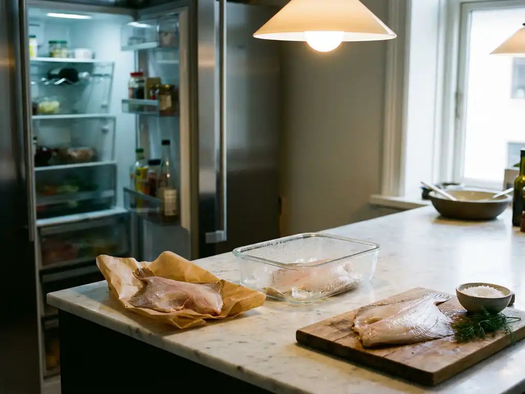 Verse plaice filets op marmeren aanrecht naast koelkast, verpakt in perkamentpapier en glazen container met ijs