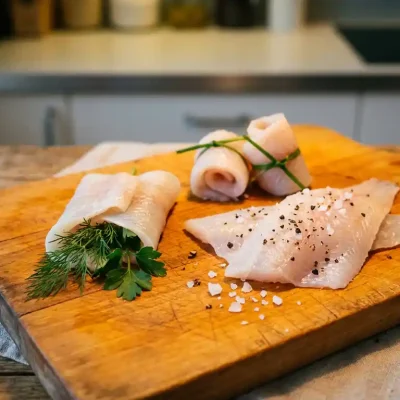 Verse plaice filets op rustieke houten snijplank, enkele gerold met bieslook, andere gevouwen met kruiden