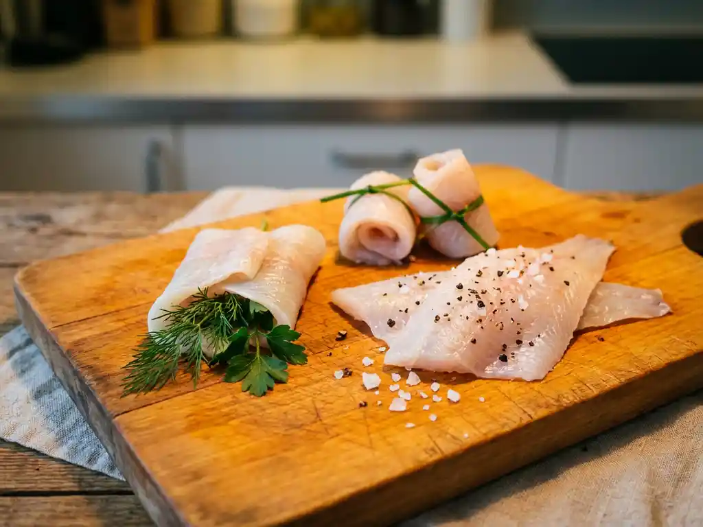 Verse plaice filets op rustieke houten snijplank, enkele gerold met bieslook, andere gevouwen met kruiden