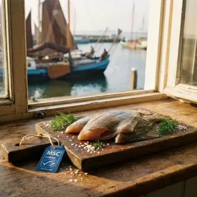 Verse scholfilets op houten snijplank met MSC-keurmerk, zeezout en dille bij raam met uitzicht op vissershaven