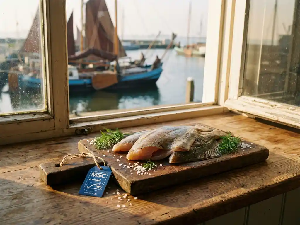 Verse scholfilets op houten snijplank met MSC-keurmerk, zeezout en dille bij raam met uitzicht op vissershaven