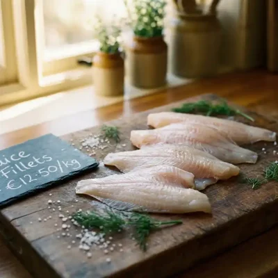 Verse plaice filets op rustieke houten snijplank met krijt prijskaartje, zeezout en dille in warme keukenverlichting