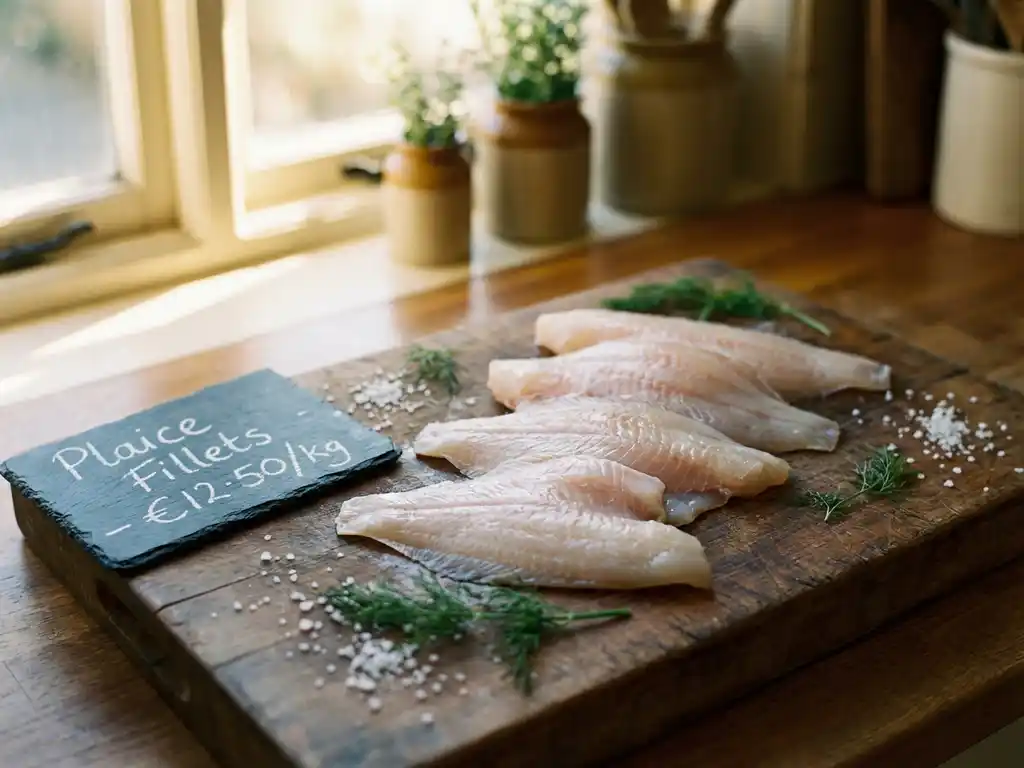 Verse plaice filets op rustieke houten snijplank met krijt prijskaartje, zeezout en dille in warme keukenverlichting