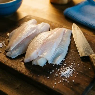 Verse plaice filets en witte vis op rustieke houten snijplank met koksmes en zeezout kristallen