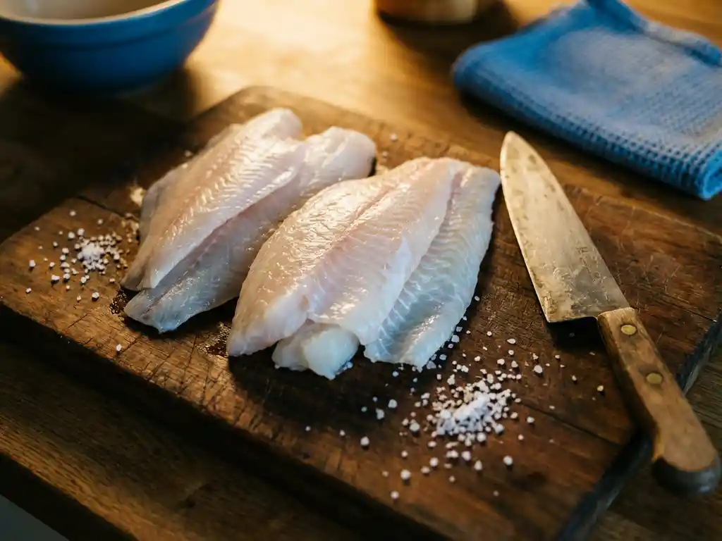 Verse plaice filets en witte vis op rustieke houten snijplank met koksmes en zeezout kristallen