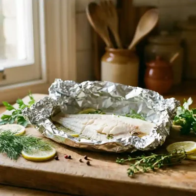 Verse plaice filet gewikkeld in aluminiumfolie op houten snijplank met kruiden en citroenplakjes in warme keuken