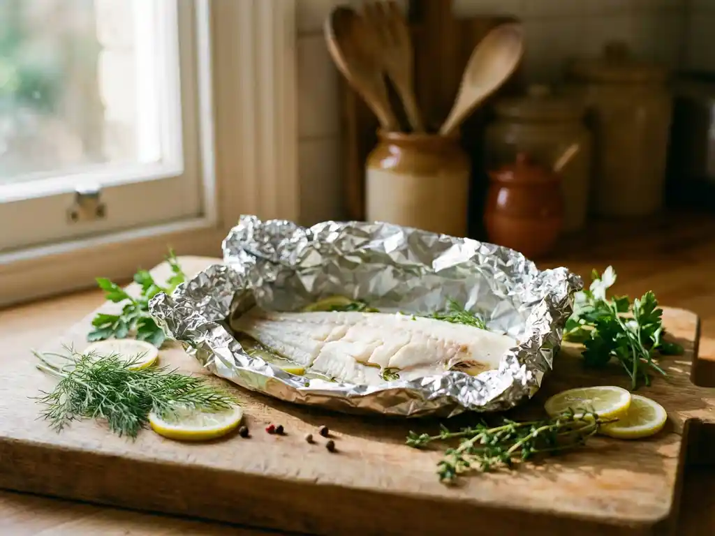 Verse plaice filet gewikkeld in aluminiumfolie op houten snijplank met kruiden en citroenplakjes in warme keuken