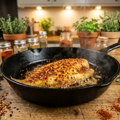 Goudbruine plaice filet sist in gietijzeren pan met rode chilievlokken, paprika en verse kruiden op houten aanrecht