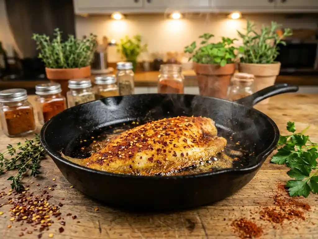 Goudbruine plaice filet sist in gietijzeren pan met rode chilievlokken, paprika en verse kruiden op houten aanrecht
