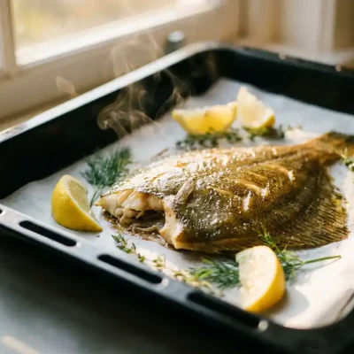 Goudbruine plaice filet sist in zwarte ovenschaal met citroenpartjes en verse kruiden op bakpapier