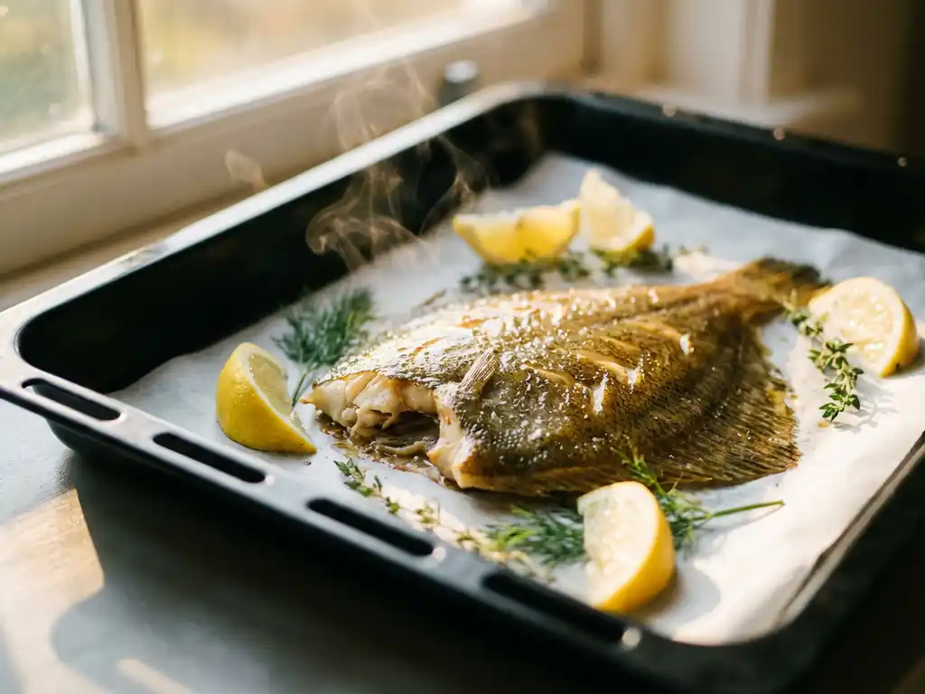 Goudbruine plaice filet sist in zwarte ovenschaal met citroenpartjes en verse kruiden op bakpapier