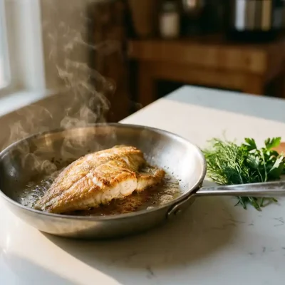 Goudbruine plaice filet sist in roestvrijstalen pan met stijgende stoom, verse kruiden en houten spatel op witte keukenblad