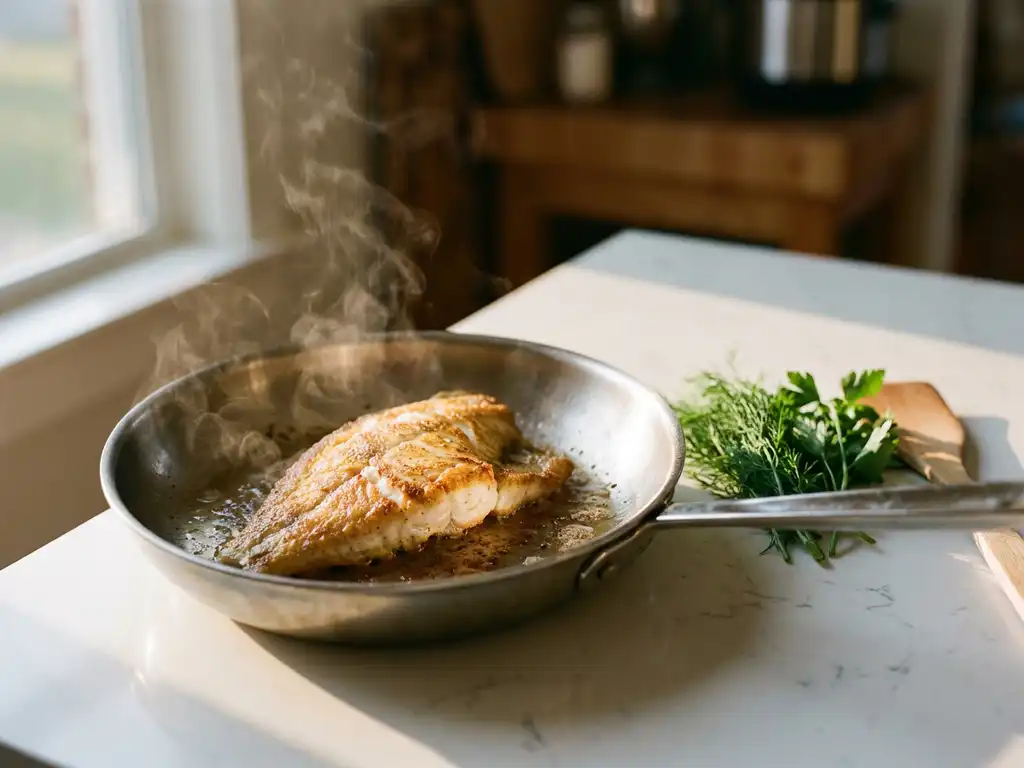 Goudbruine plaice filet sist in roestvrijstalen pan met stijgende stoom, verse kruiden en houten spatel op witte keukenblad