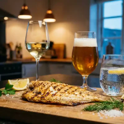 Gegrilde plaice filet op houten snijplank met drie glazen witte wijn, bier en spuitwater, citroenpartjes en verse kruiden